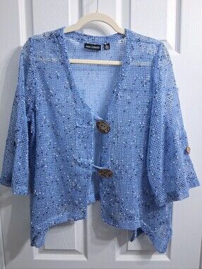Nina Leonard Knit Mesh Jacket Beach Coverup Boho Lightweight Light Blue